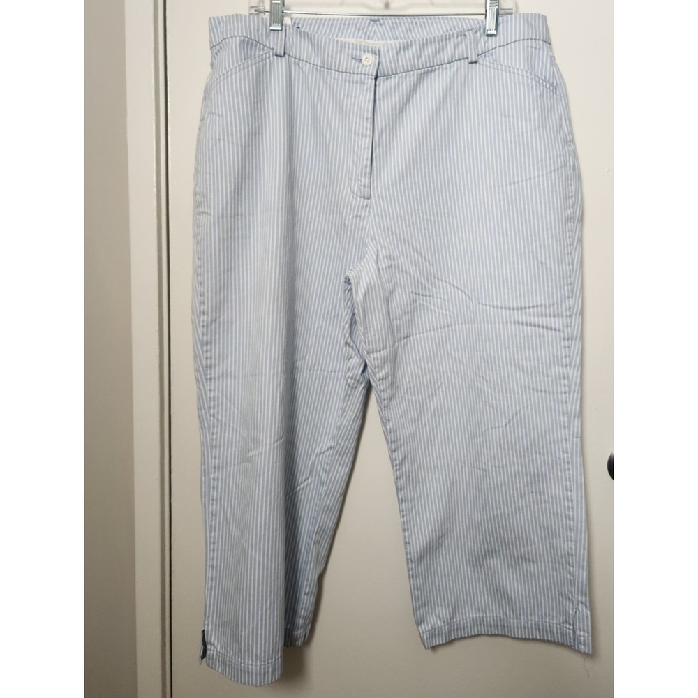 Lands' End Blue White Striped Flat Front Cropped Cotton Pants Sz 18 Beach Cruise
